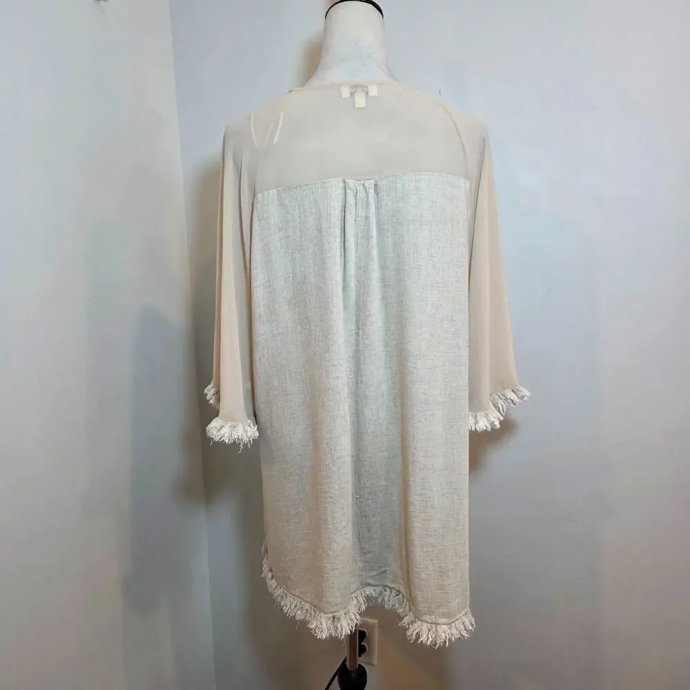 Umgee Beige Cotton Kimono Cardigan w/ Fringe Trim Open Front Boho Hippie Sz M/L - Picture 4 of 8